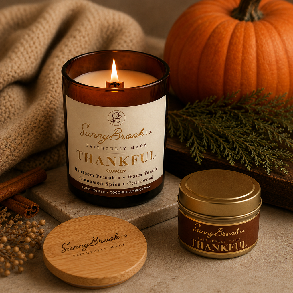 Thankful Wood Wick Candle | Pumpkin, Vanilla & Cinnamon | SunnyBrook